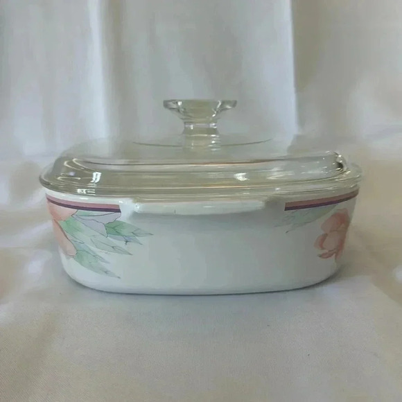 Vintage CorningWare "Peony Floral" A-1-B 2 Liter Casserole Dish w/ Pyrex Lid A9C - Picture 2 of 12